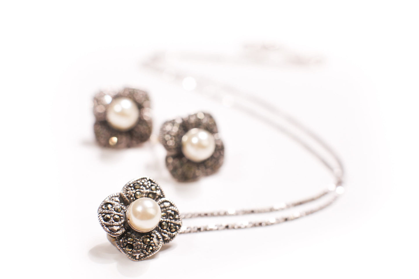 925 Sterling Silver Marcasite with Pearl 15mm Flower Post Earrings and Sterling Silver Box Chain 16&quot; Necklace Jewelry Set
