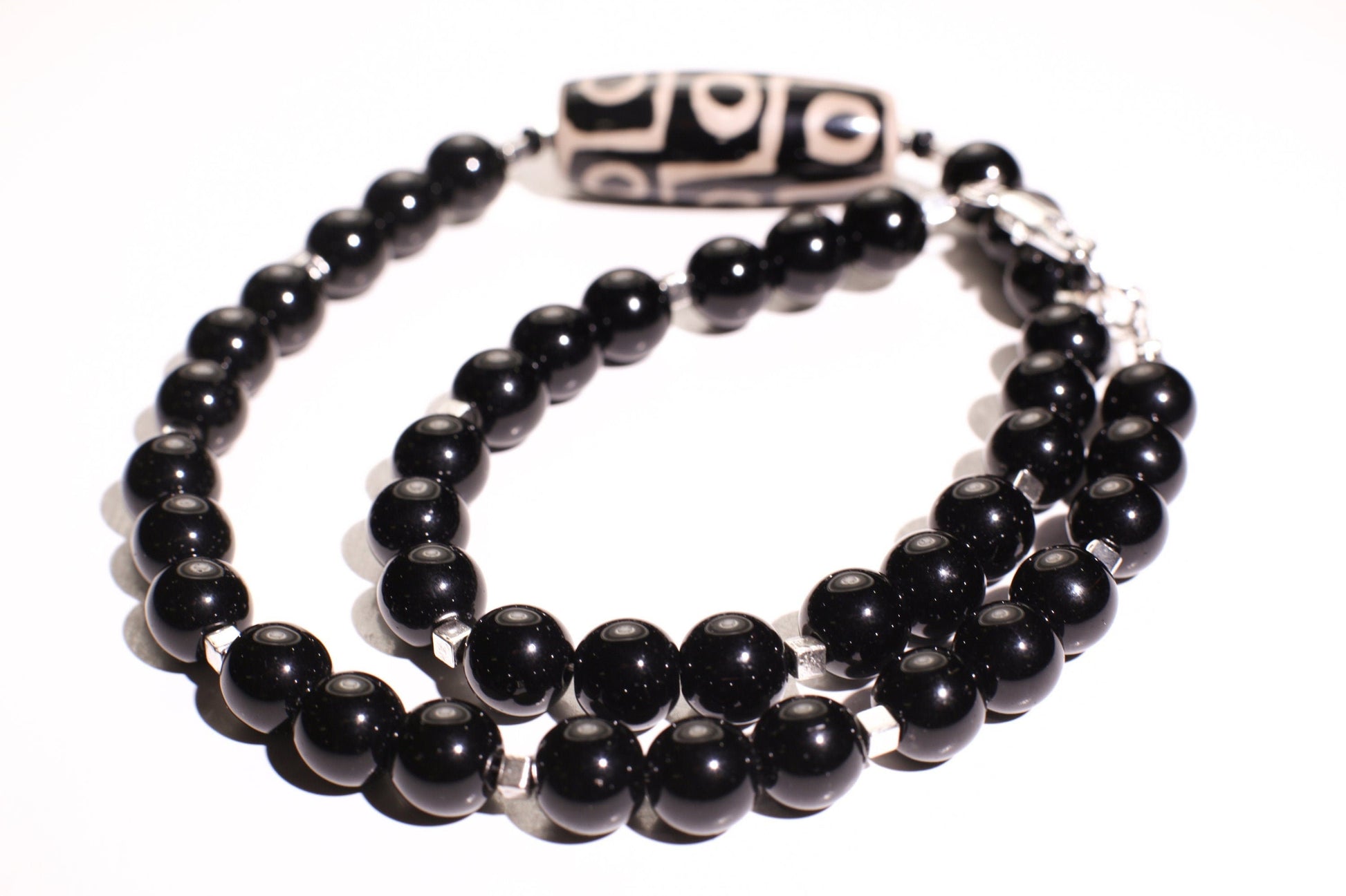 Black Onyx 10mm round bead with Tibetan Evil Eye Agate 16x40mm Puffed Oval center piece Necklace, protection , Man and Woman gift
