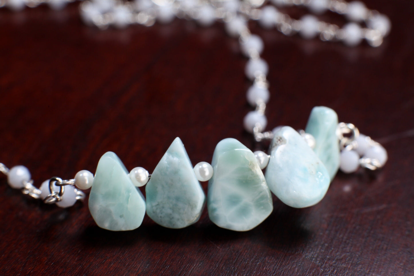 Natural Larimar Raw Free Form Teardrop Necklace with Blue Lace Agate Gemstone Chain and 925 Sterling Silver Clasp 19"Handmade Necklace