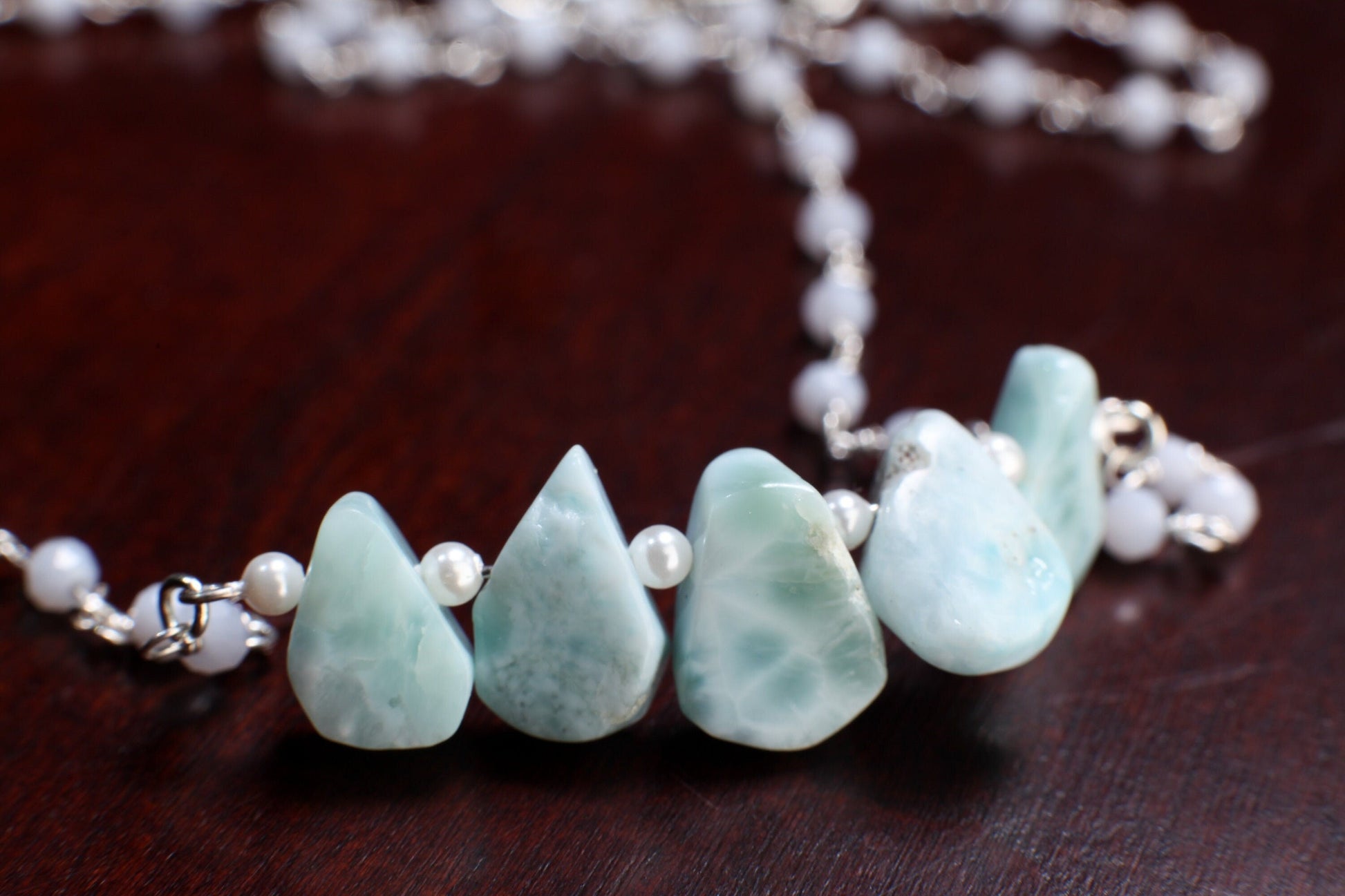 Natural Larimar Raw Free Form Teardrop Necklace with Blue Lace Agate Gemstone Chain and 925 Sterling Silver Clasp 19"Handmade Necklace