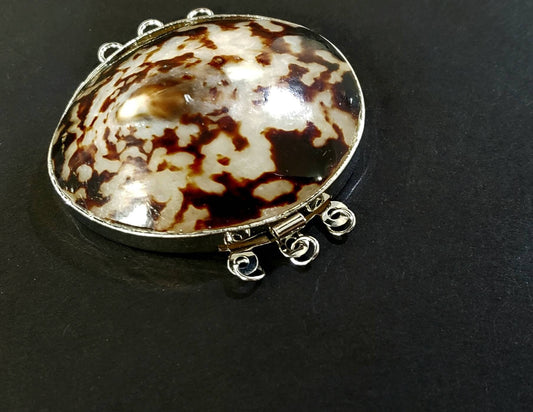 Tiger Cowire Natural Shell 3 loop rhodium clasp 44mm large, jewelry making vintage clasp. 1 piece