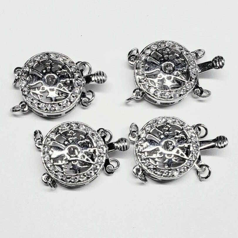 Cubic zirconia cz rhodium sterling silver turtle shape 14mm round 3 loop multi strand fancy clasp, jewelry making Bracelet clasp. 1 pc