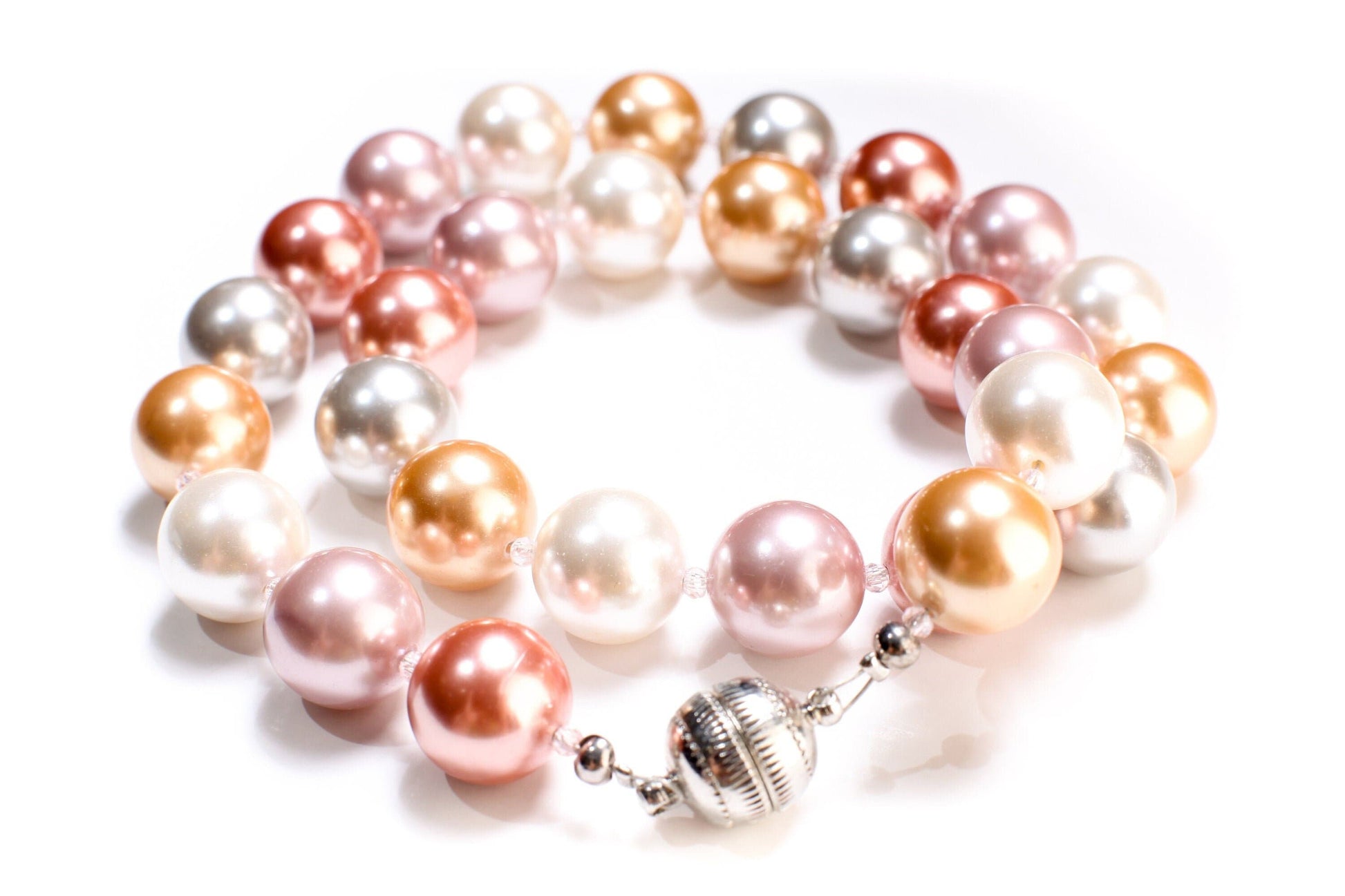 Multi South Seashell Pearl 14mm with Strong Magnetic Clasp , AAA quality high luster , soft pink multi color Necklace, elegant wear , gift