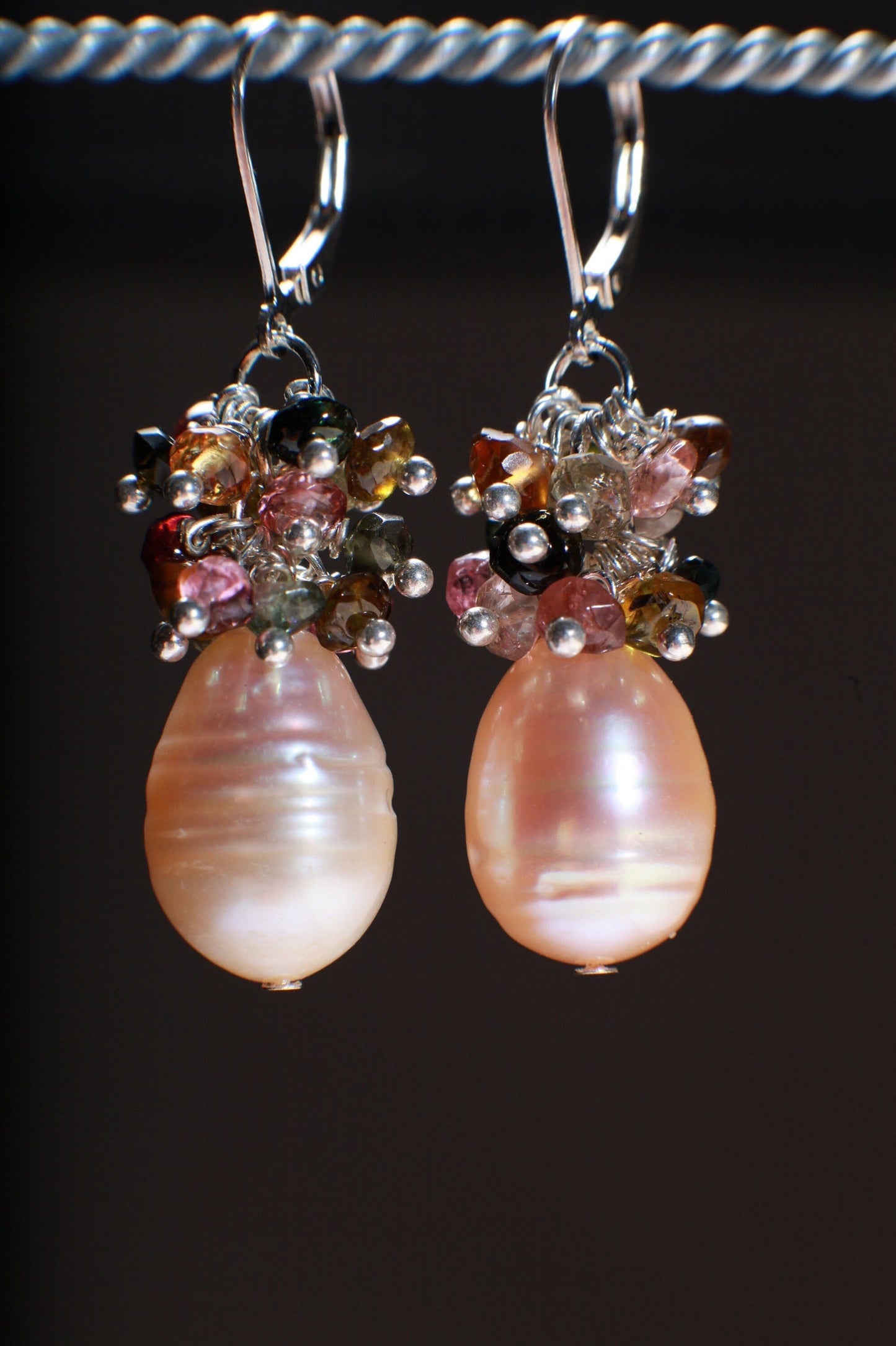 Genuine Freshwater Baroque Peach Pearl with Watermelon Tourmaline Cluster 925 Sterling Silver Earrings, Bridal, Boho,Beachwear,Handmade Gift