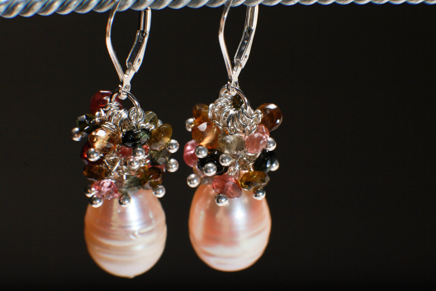 Genuine Freshwater Baroque Peach Pearl with Watermelon Tourmaline Cluster 925 Sterling Silver Earrings, Bridal, Boho,Beachwear,Handmade Gift