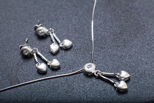925 Sterling Silver Matte Finish Cubic Zirconia CZ Bezel Heart Earrings and Pendant Jewelry Set Italian Sterling Silver Chain Valentine Gift
