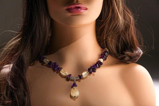 Natural Amythest and Citrine Free Form Tumbled bead Necklace, Citrine Pebble Pendant Necklace, Natural Healing Gemstone 18.5" plus 2.5"exten