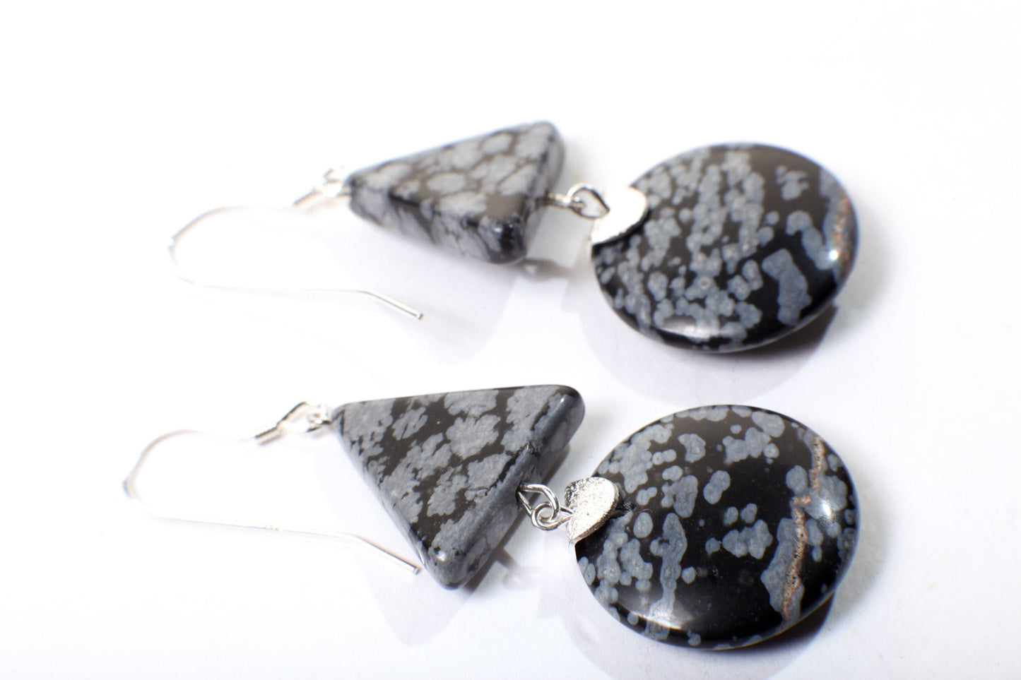 Snow Flake Obsidian 20mm Disk, Triangle Dangling Earwire in 925 Sterling Silver Earrings, Natural Gemstones, Vintage Handmade Earrings