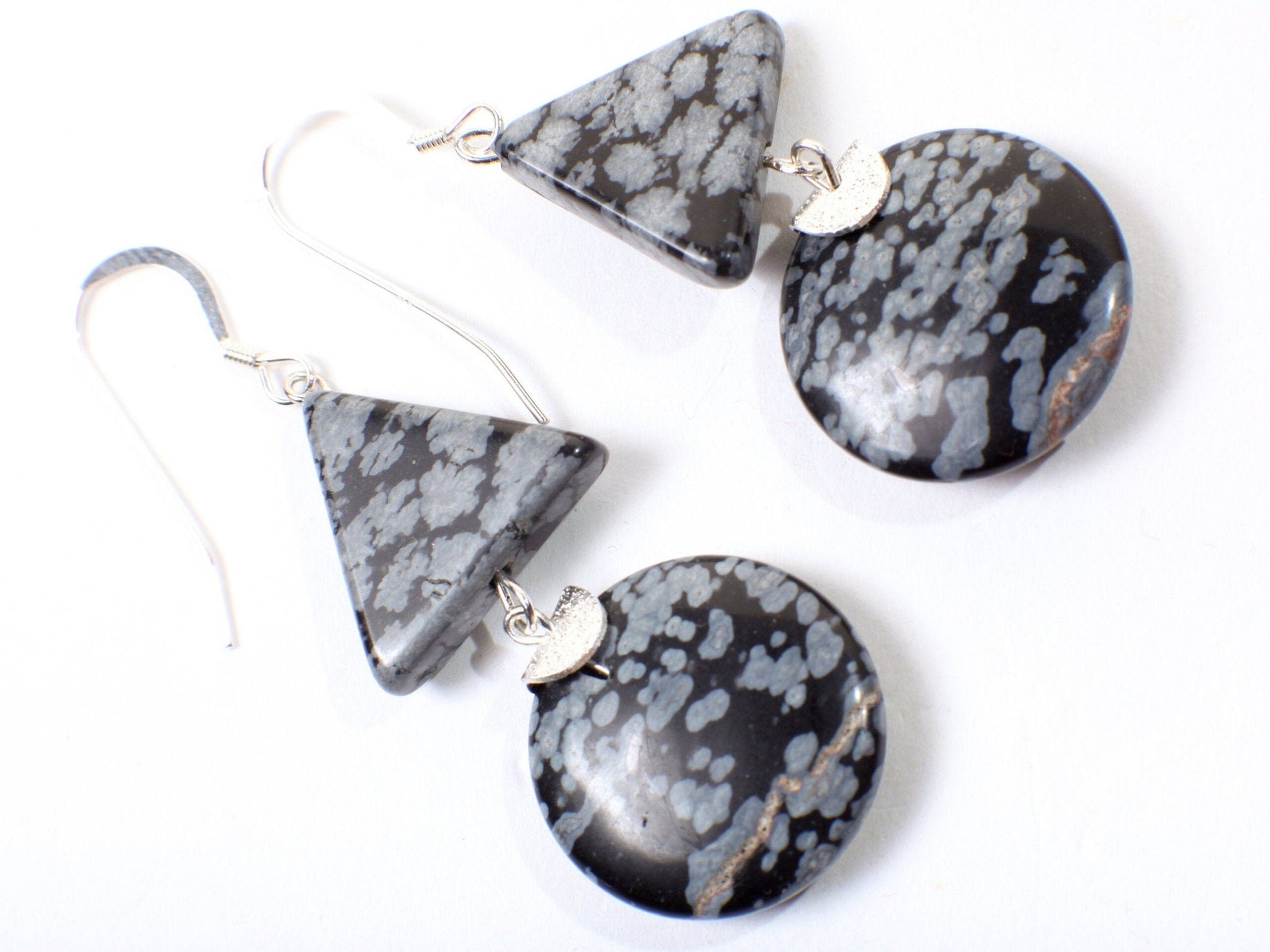 Snow Flake Obsidian 20mm Disk, Triangle Dangling Earwire in 925 Sterling Silver Earrings, Natural Gemstones, Vintage Handmade Earrings