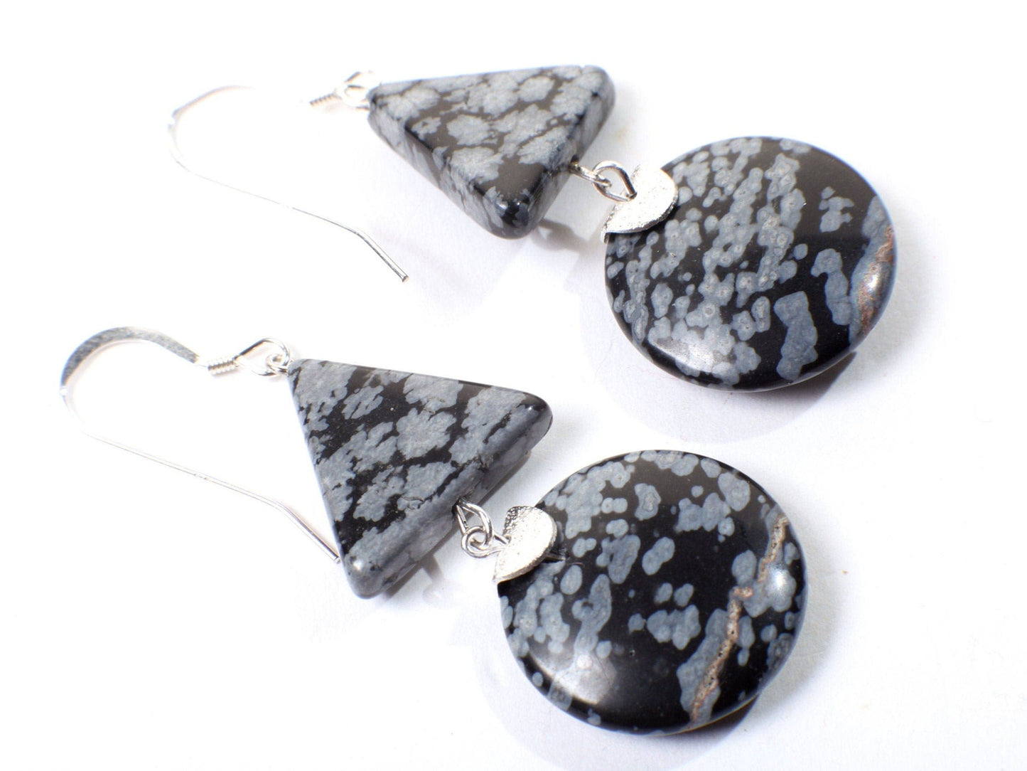 Snow Flake Obsidian 20mm Disk, Triangle Dangling Earwire in 925 Sterling Silver Earrings, Natural Gemstones, Vintage Handmade Earrings