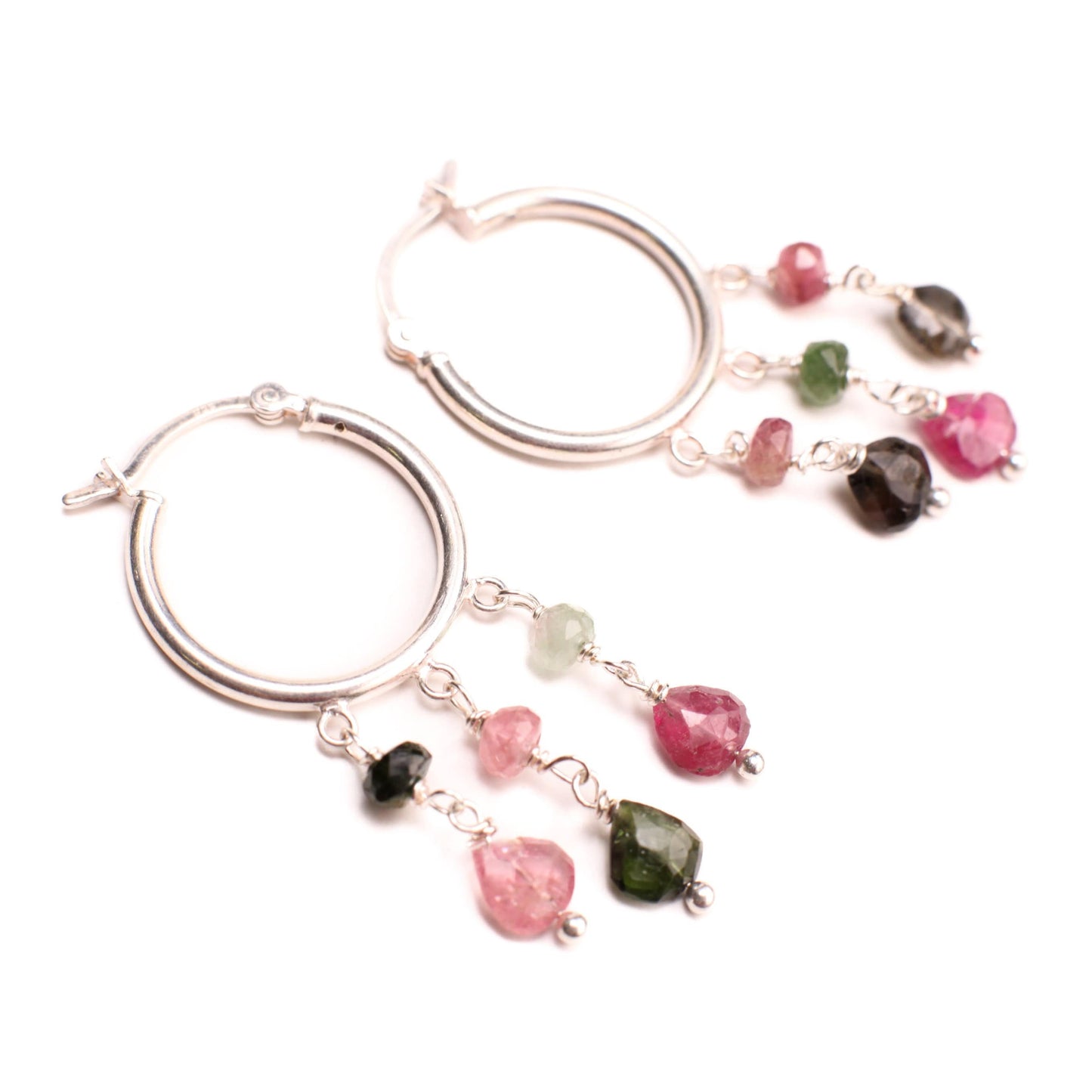 Watermelon Tourmaline, 925 Sterling Silver Chandelier 3, 5 Loop Hoop Earrings, Wire Wrapped Faceted Briolette,Bridal,Boho, Handmade Gift