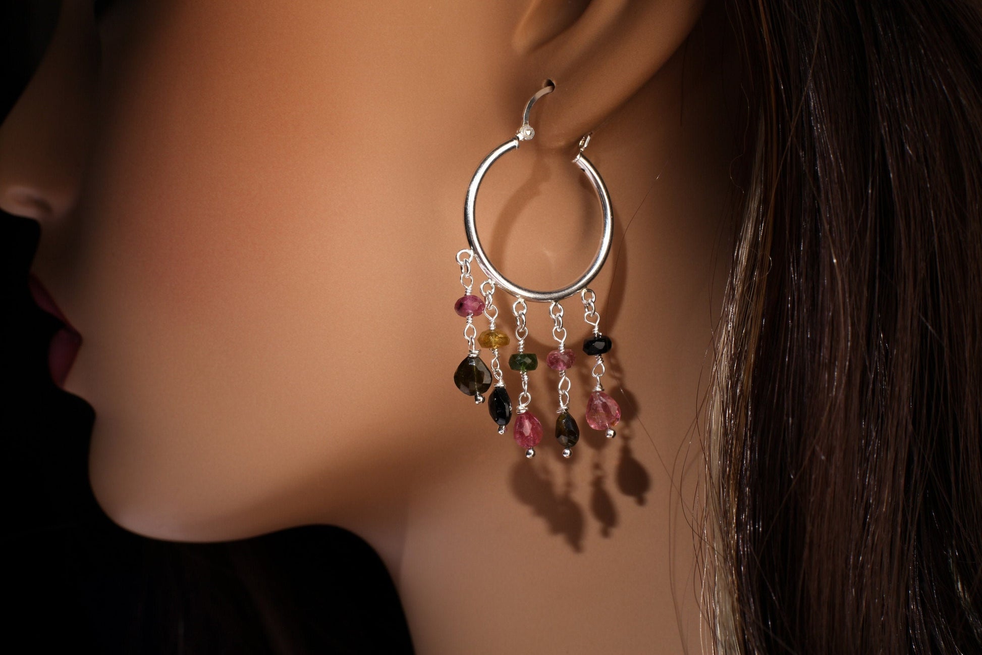 Watermelon Tourmaline, 925 Sterling Silver Chandelier 3, 5 Loop Hoop Earrings, Wire Wrapped Faceted Briolette,Bridal,Boho, Handmade Gift