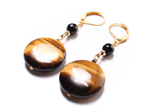 Tiger Eye Disk 20mm with Dangling Black Onyx Spacer Beads in Gold Leverback Earrings