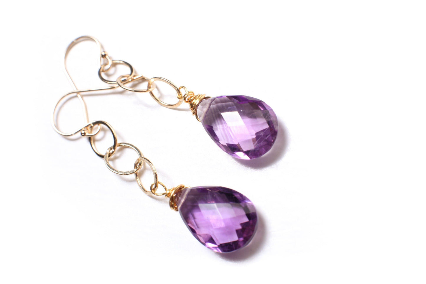 AAA Amethyst Cut Briolette Pear Drop 10x16mm in 14K Gold Filled Chain & Ear Wire,Soothing Gem, Natural AAA cut stone Amethyst drop