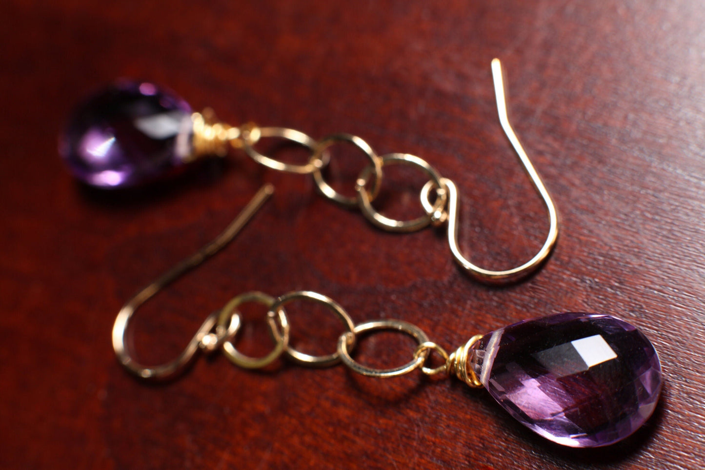 AAA Amethyst Cut Briolette Pear Drop 10x16mm in 14K Gold Filled Chain & Ear Wire,Soothing Gem, Natural AAA cut stone Amethyst drop