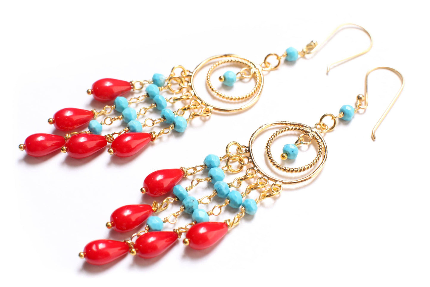 Natural Coral Briolette Earrings 5x9mm Wire Wrapped Faceted Turquoise Chandelier earrings in Gold Vermeil or Sterling Silver EarWire, Gift