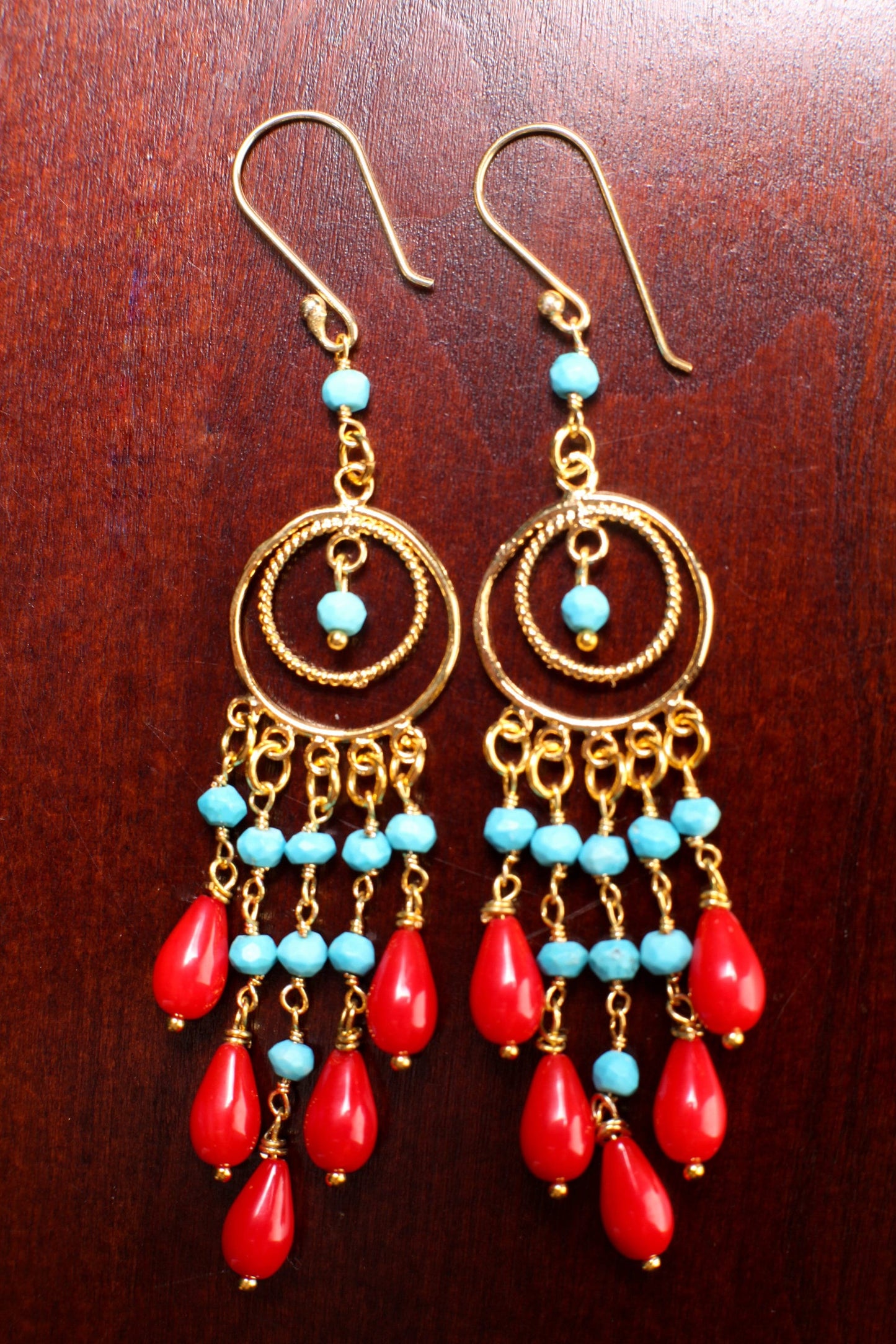 Natural Coral Briolette Earrings 5x9mm Wire Wrapped Faceted Turquoise Chandelier earrings in Gold Vermeil or Sterling Silver EarWire, Gift