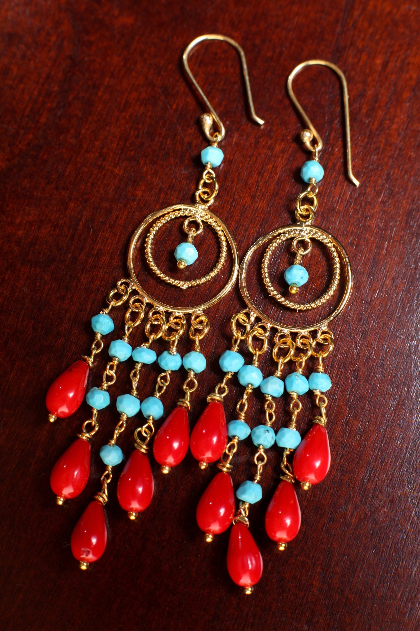 Natural Coral Briolette Earrings 5x9mm Wire Wrapped Faceted Turquoise Chandelier earrings in Gold Vermeil or Sterling Silver EarWire, Gift