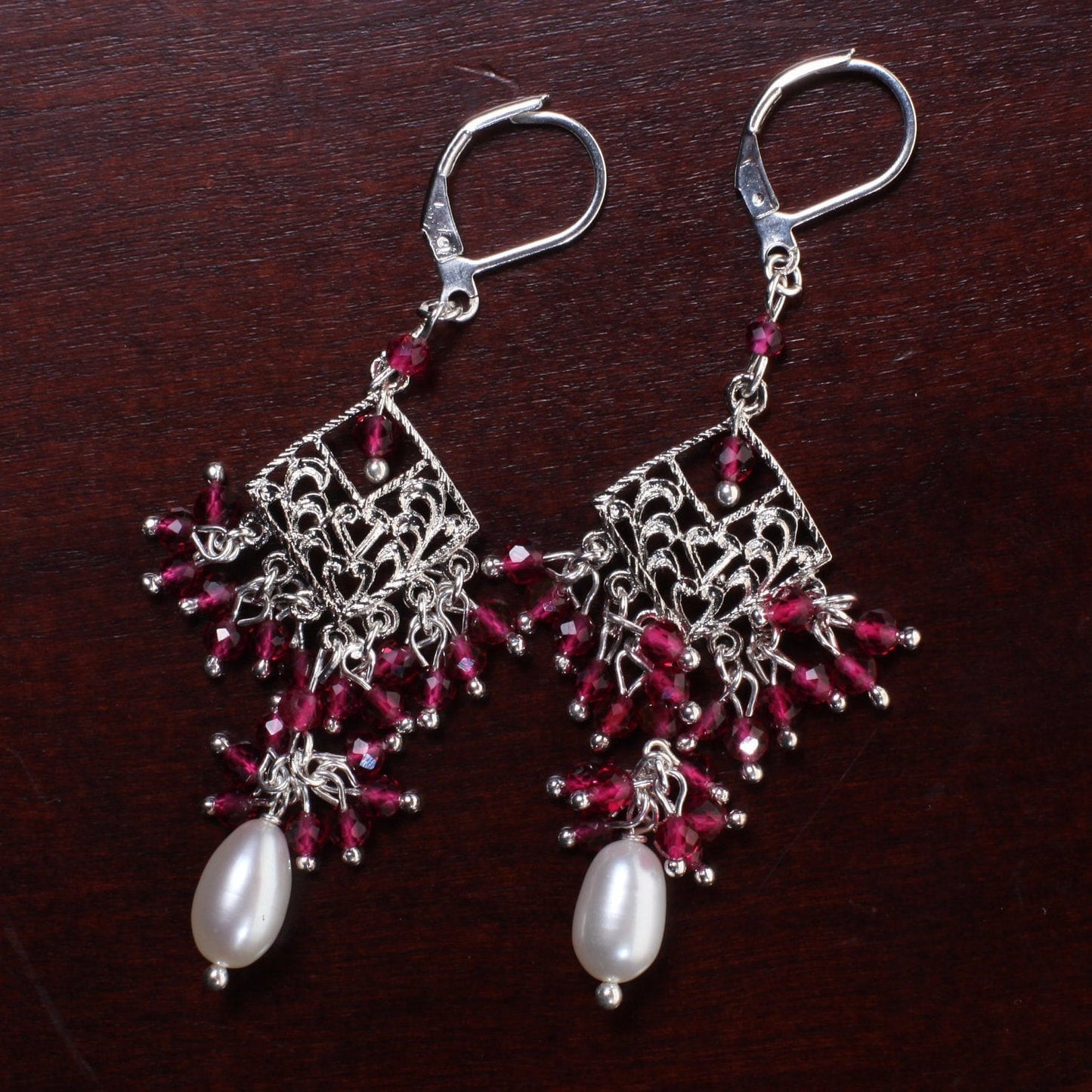 Ruby Pink Spinel Filigree Chandelier Earrings in Rhodium Silver and 18K Gold Electroplated Leverback Earrings, Handmade Gift for Her