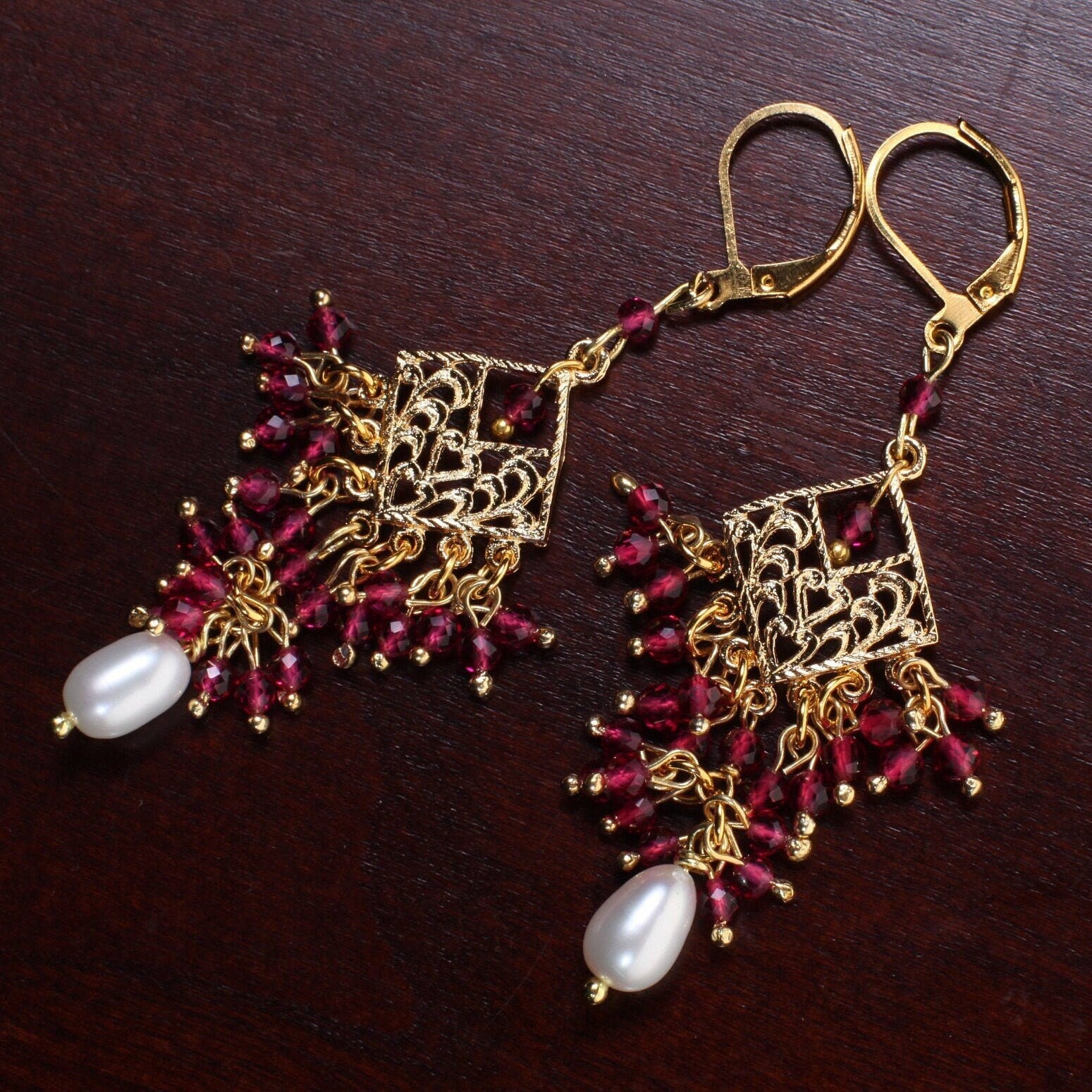 Ruby Pink Spinel Filigree Chandelier Earrings in Rhodium Silver and 18K Gold Electroplated Leverback Earrings, Handmade Gift for Her