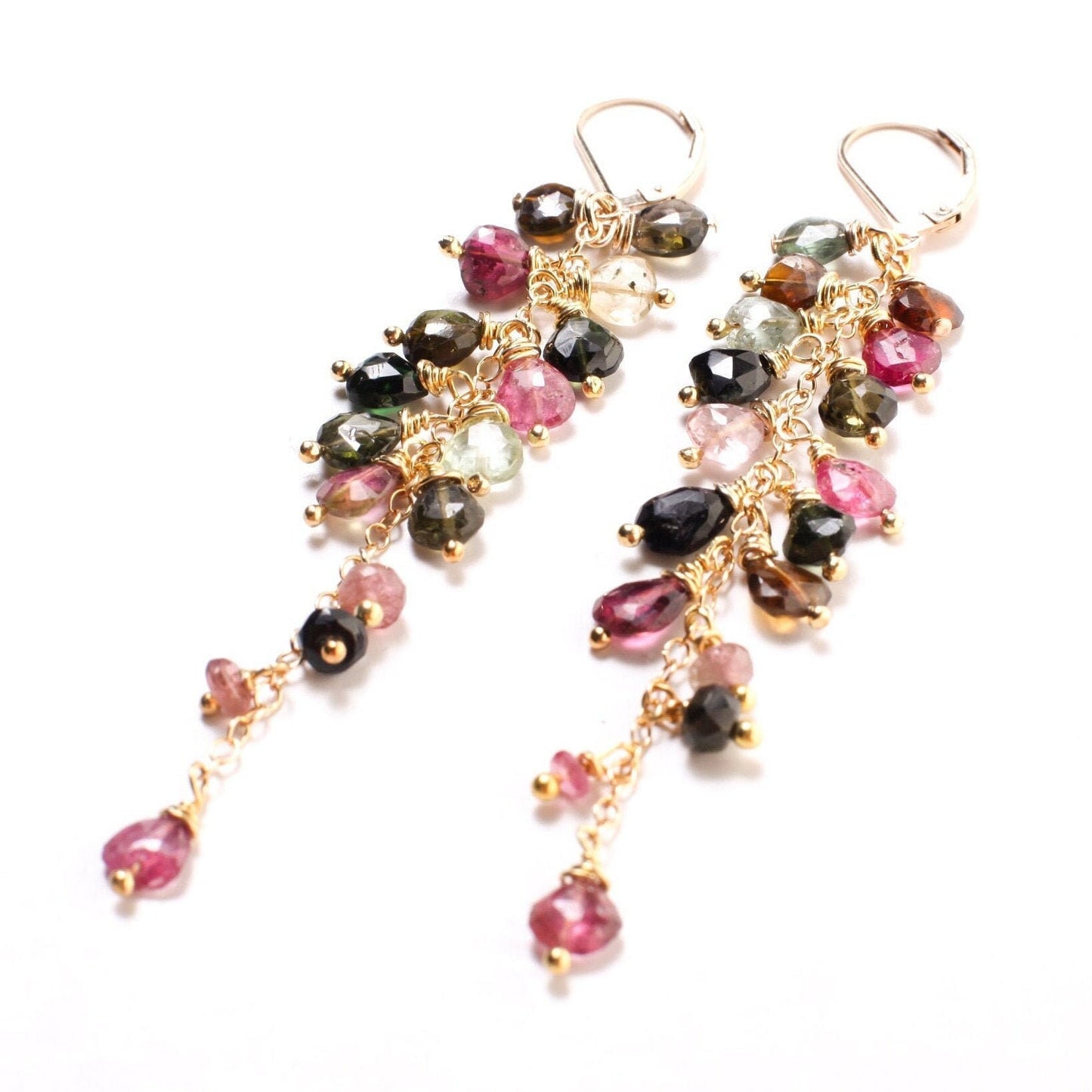 Watermelon Tourmaline Cascade Earrings, Wire Wrapped Dangling Heart Briolette in 14K Gold Filled or925 Sterling silver Bridal,Boho, Handmade