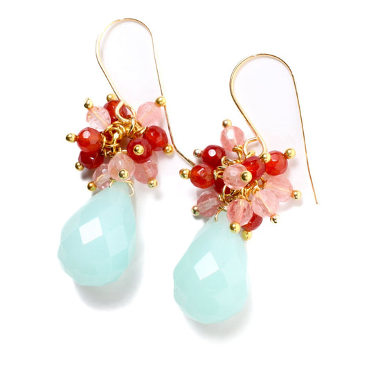 SALE ..Aqua Chalcedony 13x18mm Faceted Drop Cluster Earring, Carnelian Agate, Strawberry Quartz in Gold Vermeil Earrings