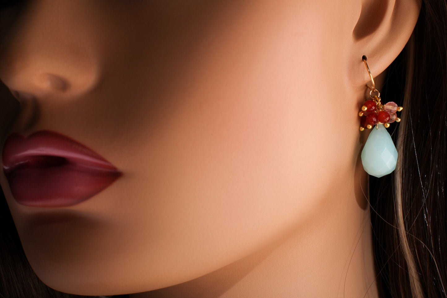 SALE ..Aqua Chalcedony 13x18mm Faceted Drop Cluster Earring, Carnelian Agate, Strawberry Quartz in Gold Vermeil Earrings