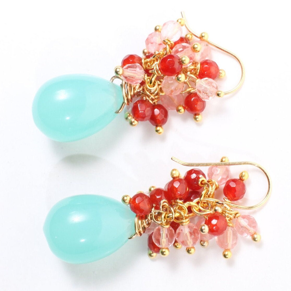 SALE..Aqua Chalcedony 12x16mm Large smooth Drop Cluster Earrings in Gold Vermeil, Gold Over Sterling Silver Earrings