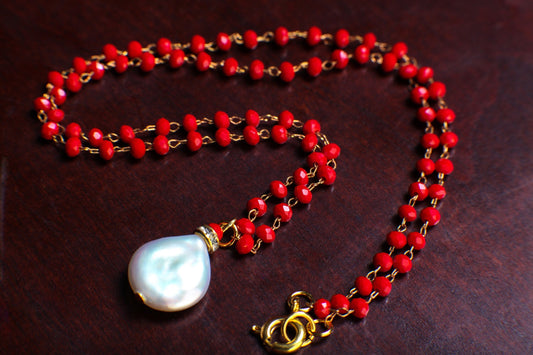 Freshwater Coin Pearl Charm Pendant with Dainty Ruby Red Crystal 3mm Rondelle Wire Wrapped Rosary Chain Gold Necklace