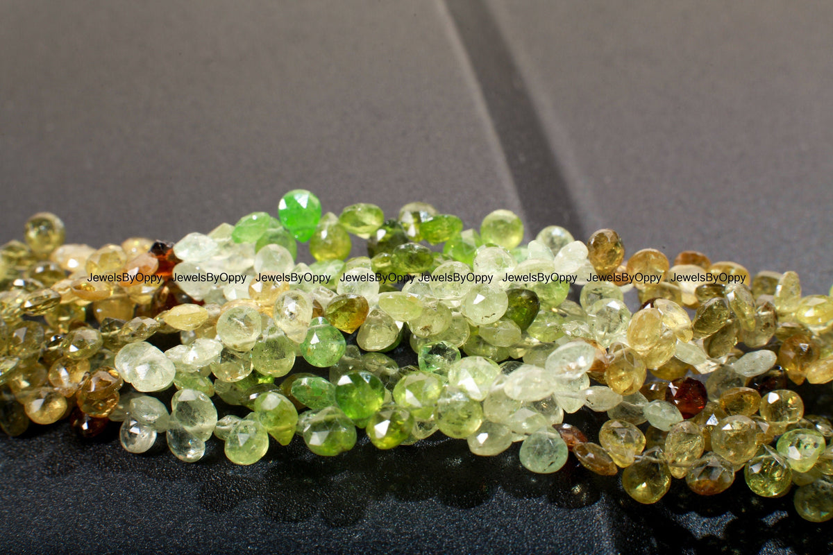 Natural Grossular Garnet, Green Garnet Shaded Faceted Heart Briolette 5-6mm Gemstone AAA rare Jewelry Making Beads, 3"/7" Strand
