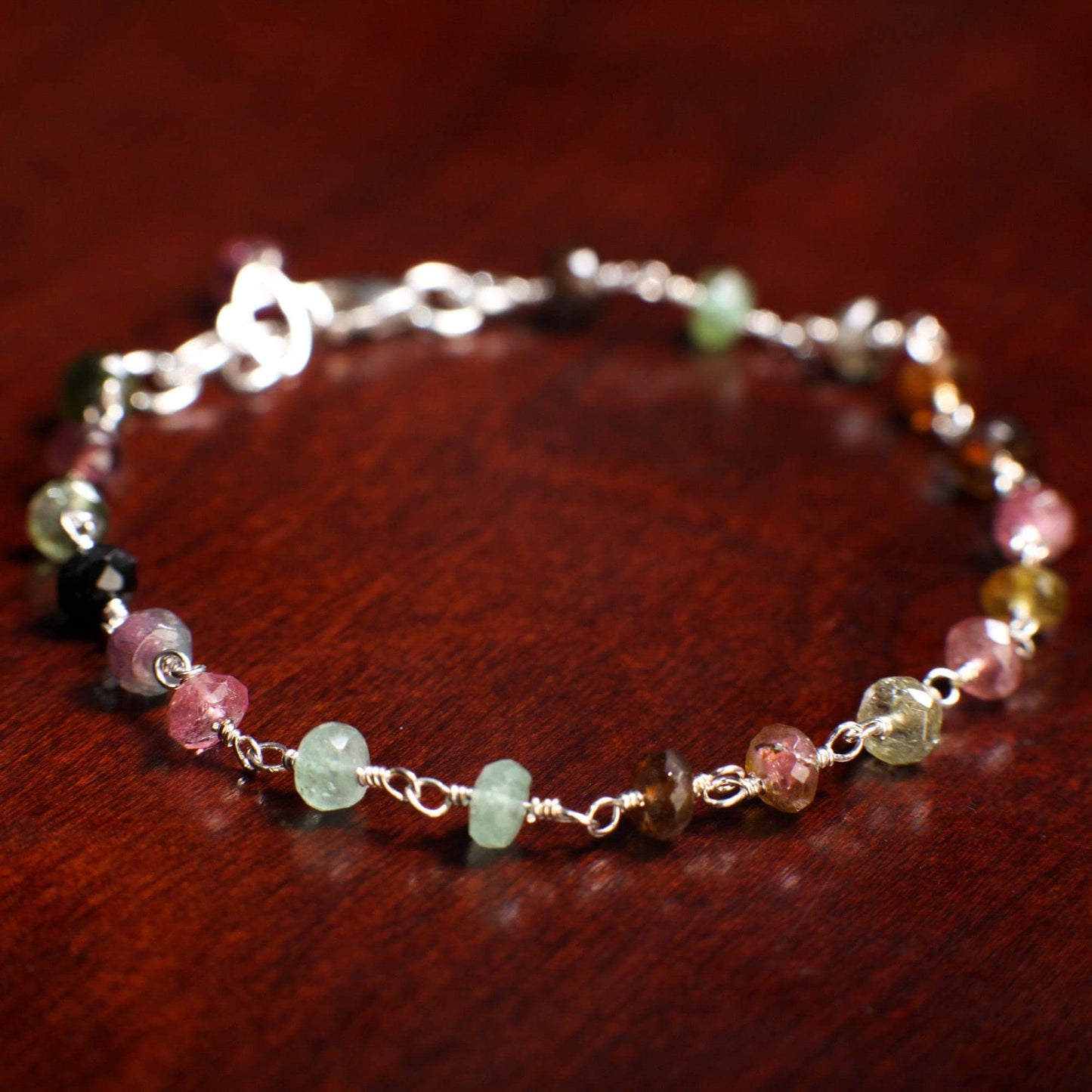 Watermelon Tourmaline Wire Wrapped Faceted large 5mm Rondelle Bracelet in 925 Sterling Silver Clasp, Gift for her