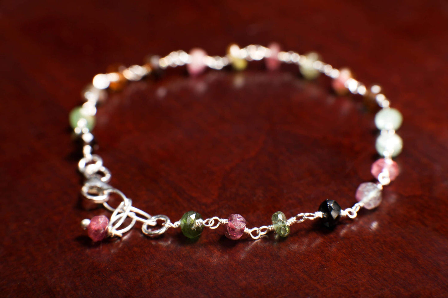 Watermelon Tourmaline Wire Wrapped Faceted large 5mm Rondelle Bracelet in 925 Sterling Silver Clasp, Gift for her