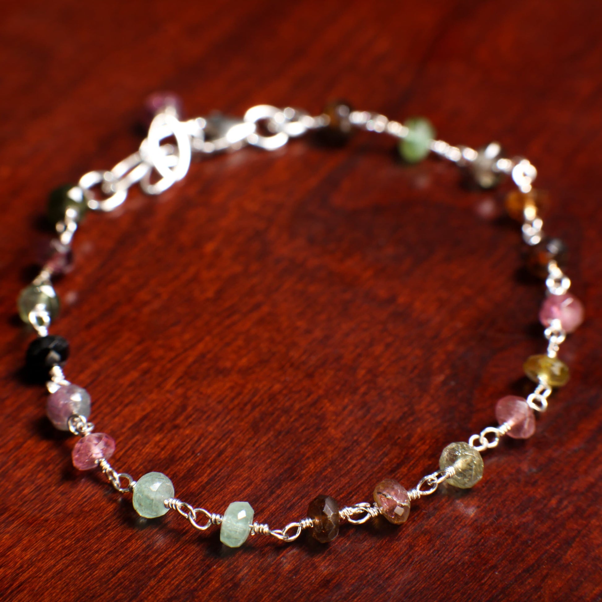 Watermelon Tourmaline Wire Wrapped Faceted large 5mm Rondelle Bracelet in 925 Sterling Silver Clasp, Gift for her