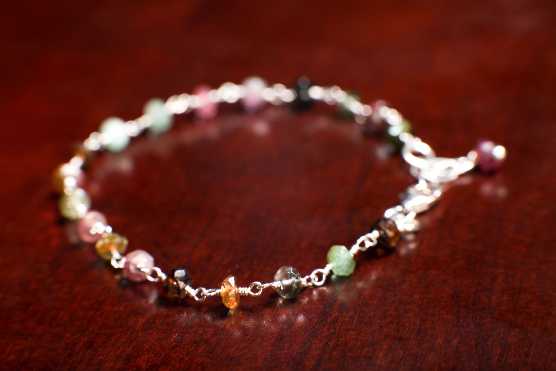 Watermelon Tourmaline Wire Wrapped Faceted large 5mm Rondelle Bracelet in 925 Sterling Silver Clasp, Gift for her