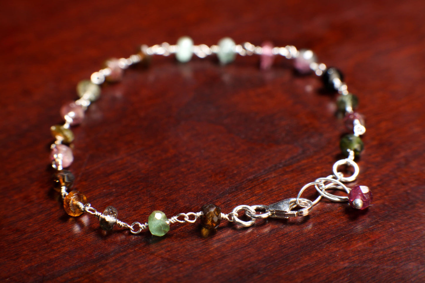 Watermelon Tourmaline Wire Wrapped Faceted large 5mm Rondelle Bracelet in 925 Sterling Silver Clasp, Gift for her