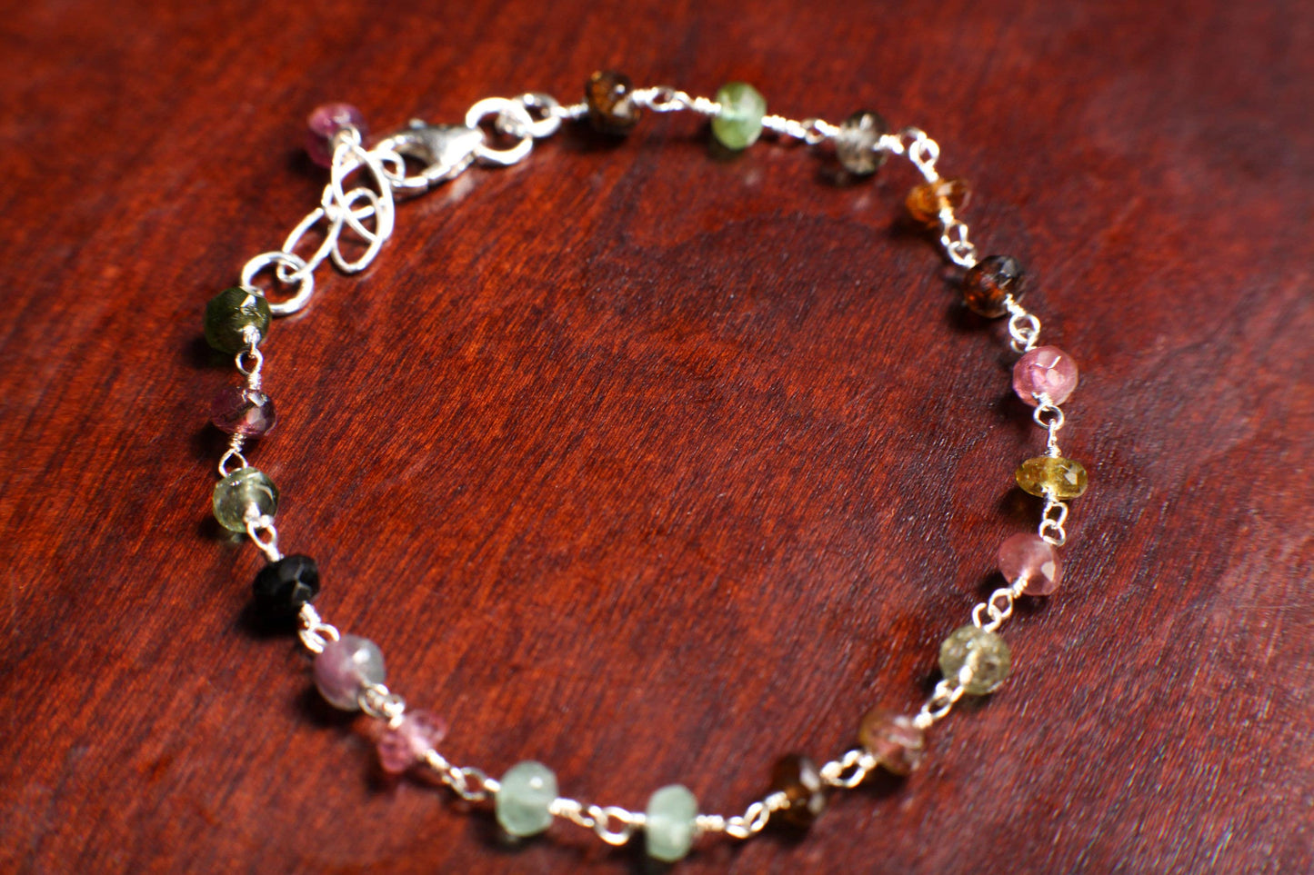 Watermelon Tourmaline Wire Wrapped Faceted large 5mm Rondelle Bracelet in 925 Sterling Silver Clasp, Gift for her