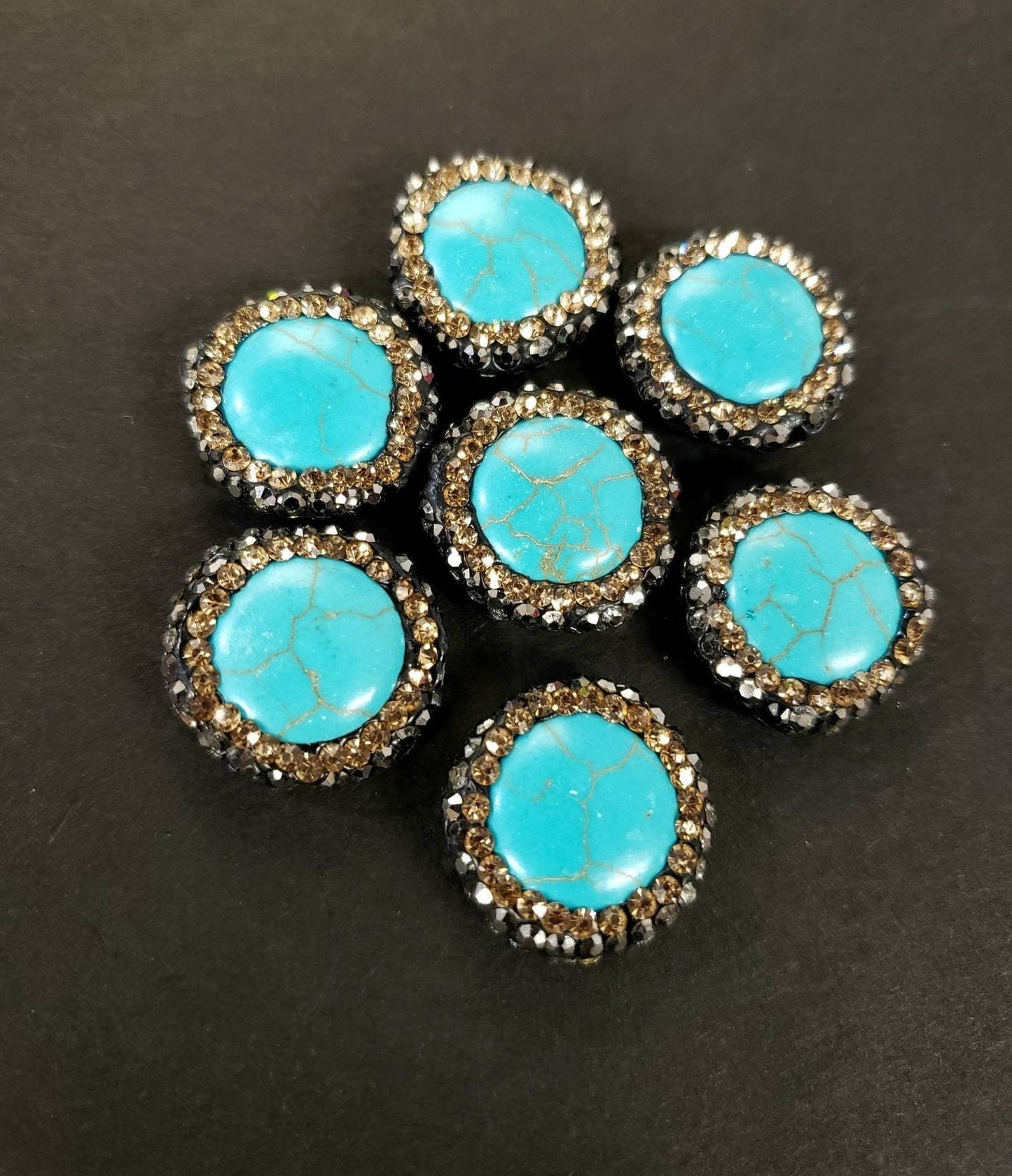 Turquoise rhinestone pave crystal black and gold line bead, center drilled , 17mm sparkly connector, spacer or focal bead.