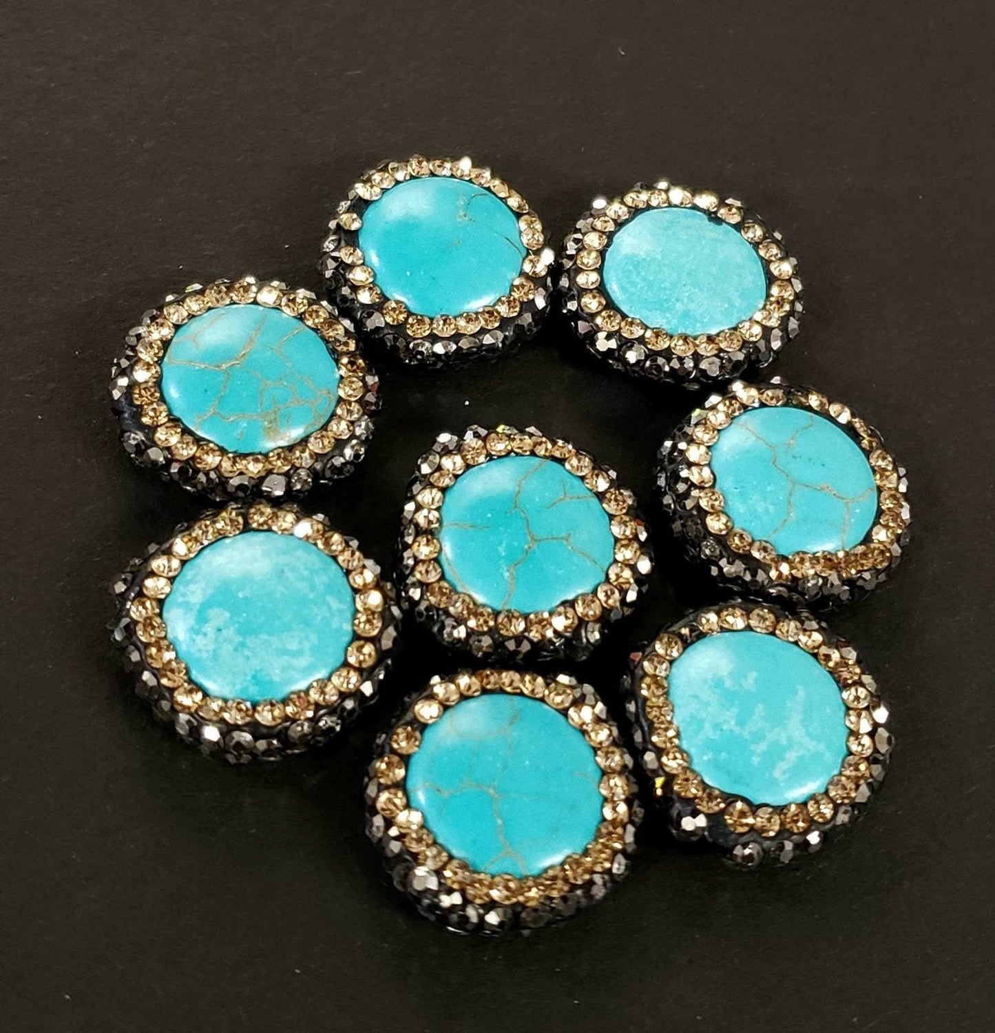 Turquoise rhinestone pave crystal black and gold line bead, center drilled , 17mm sparkly connector, spacer or focal bead.