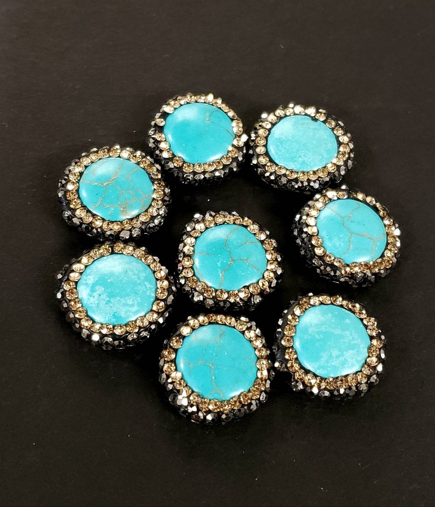 Turquoise rhinestone pave crystal black and gold line bead, center drilled , 17mm sparkly connector, spacer or focal bead.