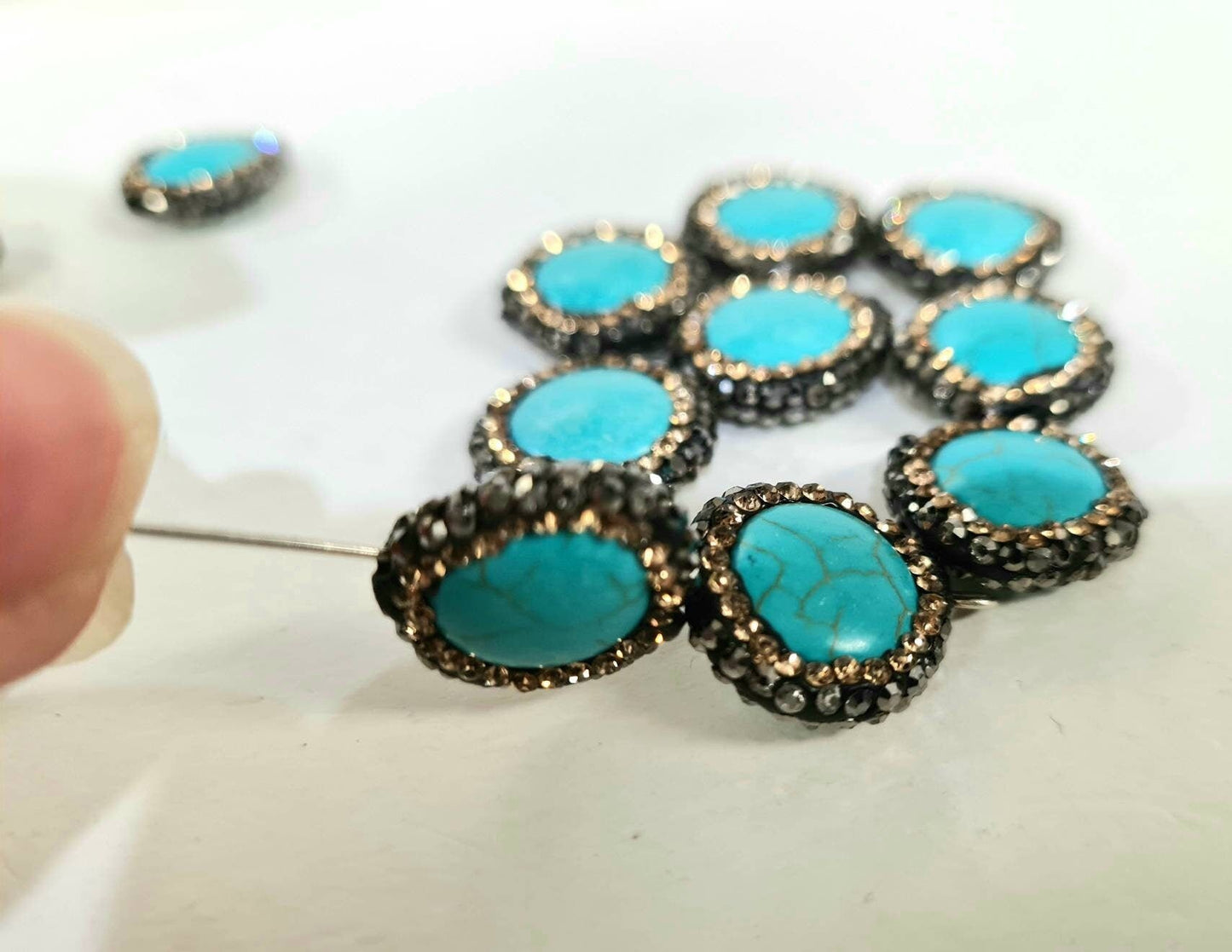 Turquoise rhinestone pave crystal black and gold line bead, center drilled , 17mm sparkly connector, spacer or focal bead.