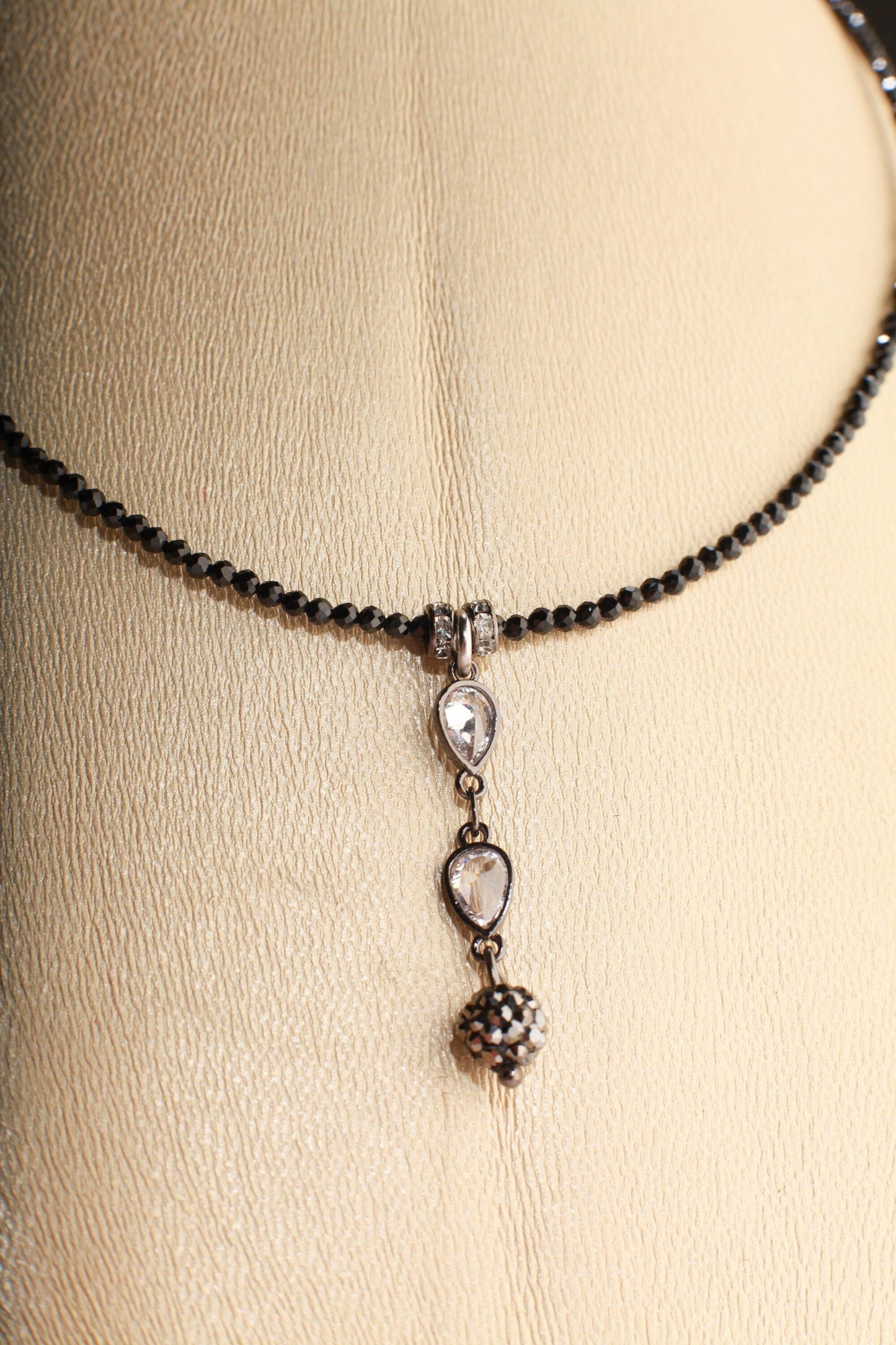 Black Spinel Diamond Cut Choker Necklace with Cubic Zirconia Oxidized Teardrop and Rhinestone Black Diamond Ball Pendant Extendable Necklace