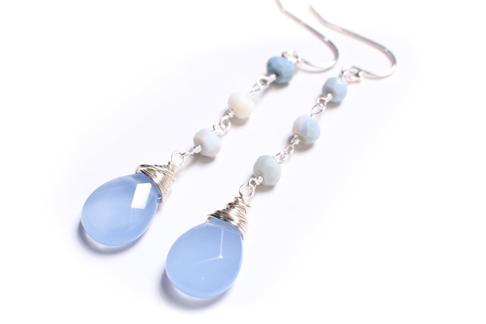 Natural blue Opal Wire Wrapped Rondelle with Dangling Chalcedony sky blue 10x14mm Faceted Teardrop in 925 Sterling Silver Earrings,Gift