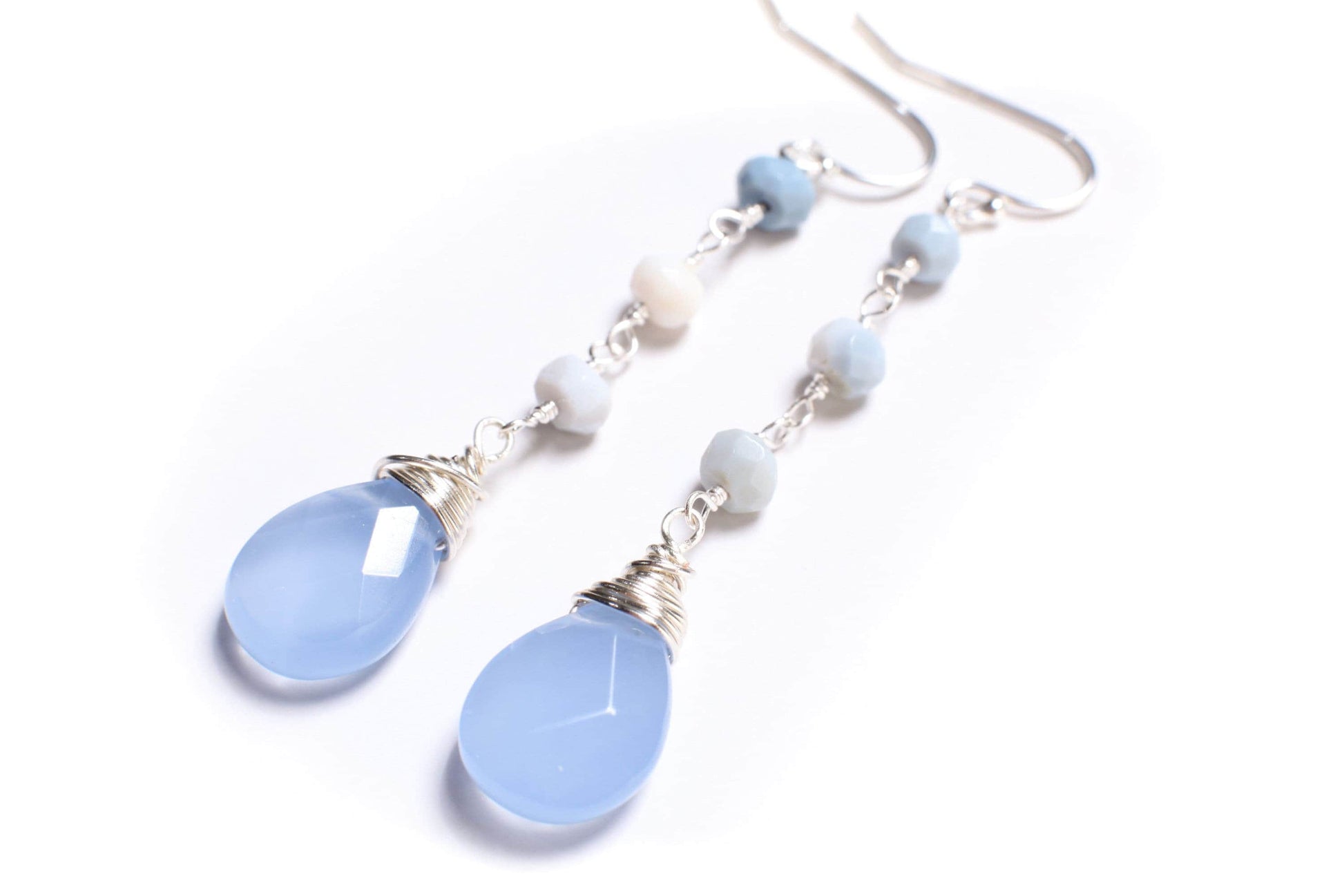 Natural blue Opal Wire Wrapped Rondelle with Dangling Chalcedony sky blue 10x14mm Faceted Teardrop in 925 Sterling Silver Earrings,Gift