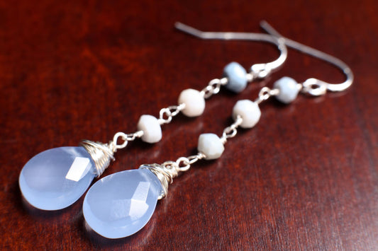 Natural blue Opal Wire Wrapped Rondelle with Dangling Chalcedony sky blue 10x14mm Faceted Teardrop in 925 Sterling Silver Earrings,Gift