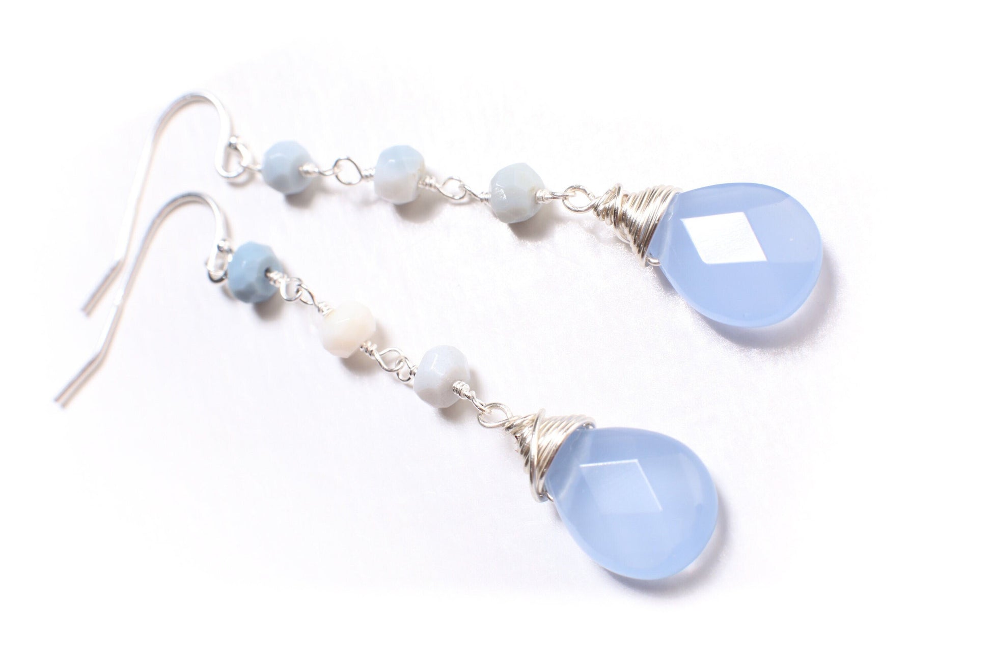 Natural blue Opal Wire Wrapped Rondelle with Dangling Chalcedony sky blue 10x14mm Faceted Teardrop in 925 Sterling Silver Earrings,Gift