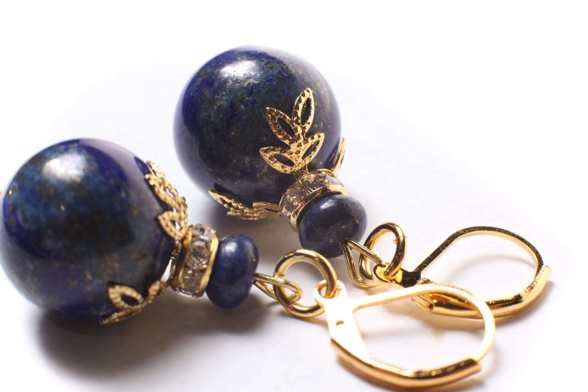 Lapis Lazuli Earrings, Natural Lapis Briolette 16mm Round Bali Style Accents Bead Cap Rhodium Plated Leverback Ear Wire