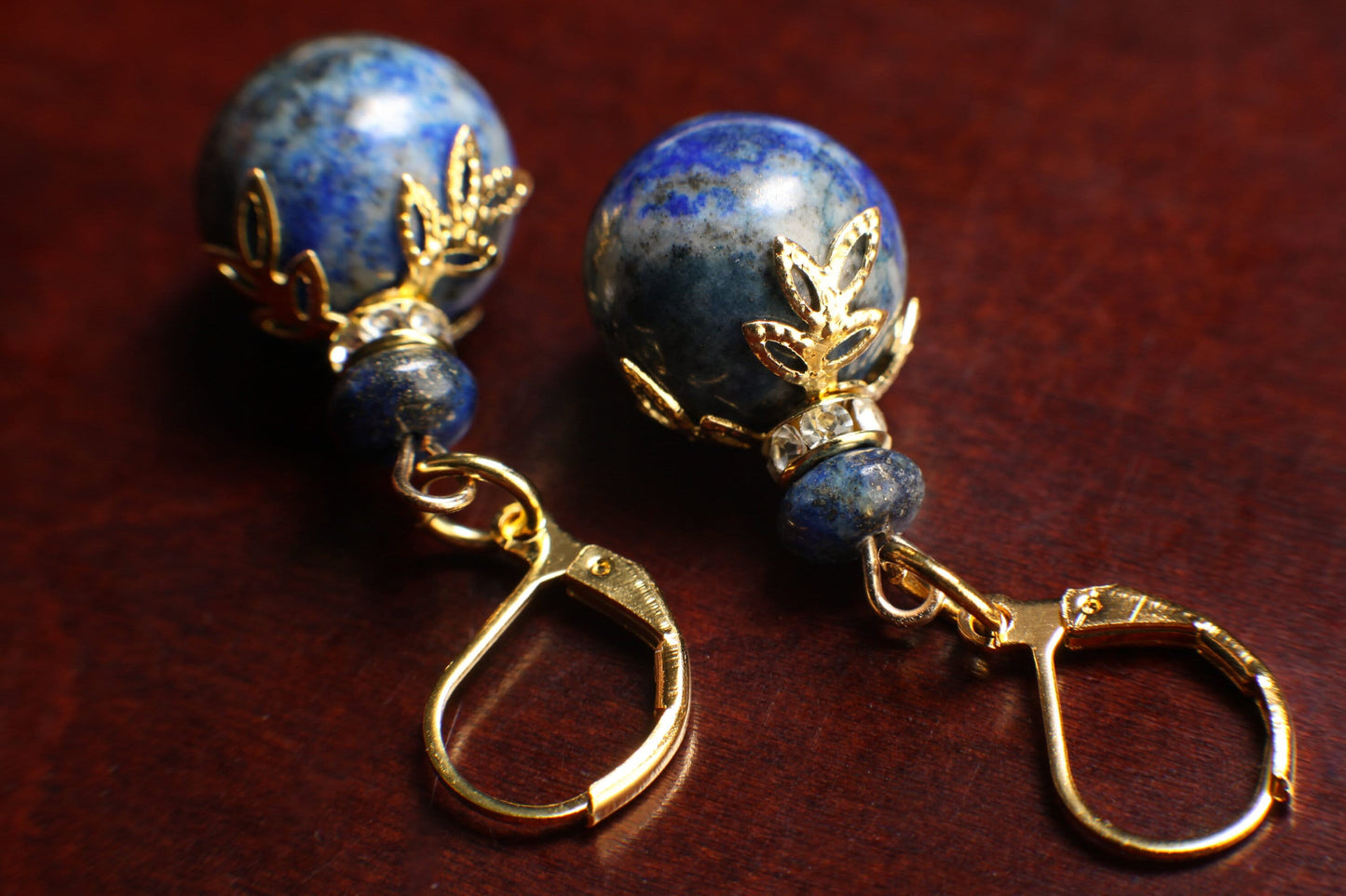 Lapis Lazuli Earrings, Natural Lapis Briolette 16mm Round Bali Style Accents Bead Cap Rhodium Plated Leverback Ear Wire