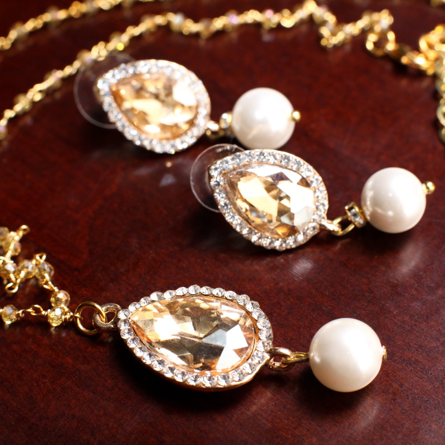 Yellow Topaz CZ crystal Dangling South Seashell pearl Pendant,Matching Crystal Wire Wrapped Necklace, Matching Pearl Earrings Set 18"+2"ext