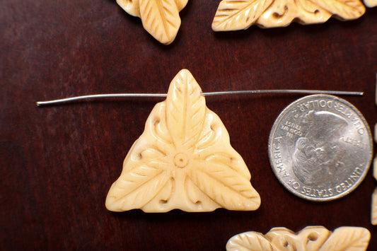 Carved Buffalo Bone 30mm Hand Craved Flower, Leaf Double Sided, Top Drilled Triangular Shape Bead Pendant, Art Deco