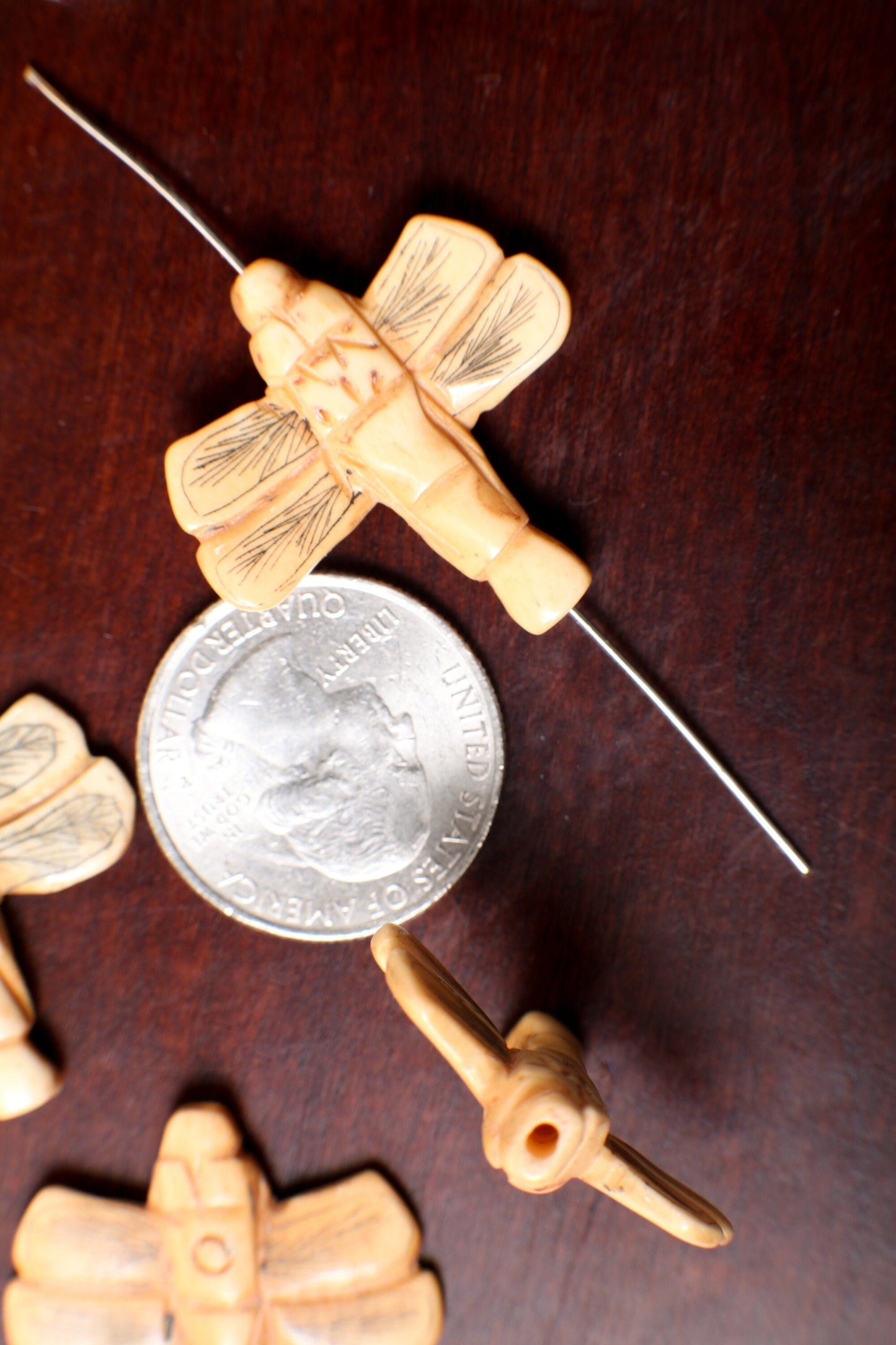 Carved Buffalo Bone Hand Carved Dragonfly, 30mm Double Sided, Drilled Bead Pendant, Art Deco